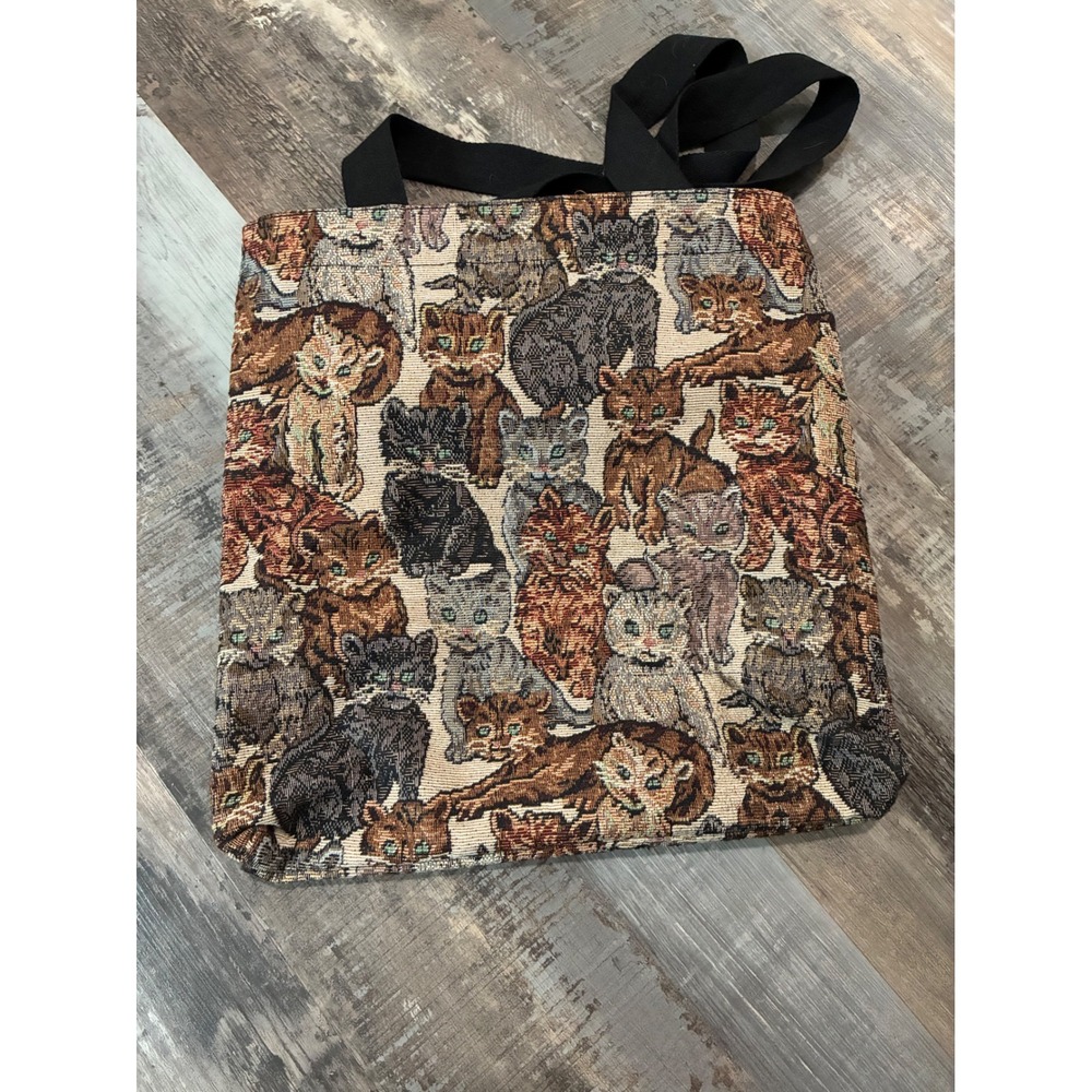 Vintage Cat Tapestry Tote Bag Woven Kitten Print Shoulder Bag Black Straps